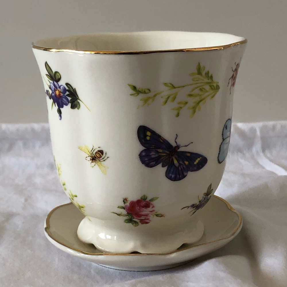 Porcelain Butterfly & Floral Planter - White with Multicolor Accents